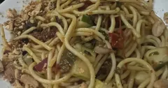 Spicy Asian Pasta Salad with Tomato-Chili Dressing