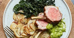 One-Pan Roast Rack of Lamb with Green Olive Potatoes