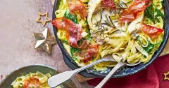 Baked Camembert Pasta Alfredo with Spinach and Prosciutto