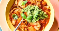 Salmon Spaghetti Soup with Broccoli Basil Pesto
