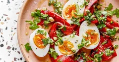 Jammy Eggs with Roasted Peppers and Parsley Almond Dressing
