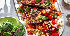 Roasted Puttanesca Aubergines with Tomato Rice & Feta