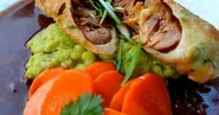 Crispy Braised Duck Wraps with Savory Fava Bean Mash