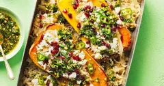 Roasted Stuffed Butternut Squash with Pistachio Herb Salsa