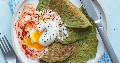 Spinach Pancakes with Harissa Yogurt and Poached Eggs