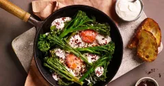 Baked Eggs with Sumac Broccoli and Tahini Yogurt