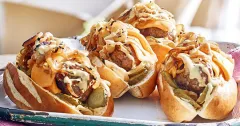 Cheeseburger Hot Dogs with Sticky Sweet & Sour Onions