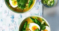 Golden Coconut Noodle Soup with Soft-Boiled Eggs