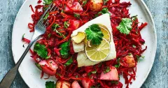 Roasted Cod with Beetroot, Carrot and Lime Salad