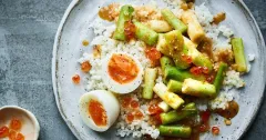 Miso-Dressed Leek Rice Bowls with Eggs and Salmon Caviar