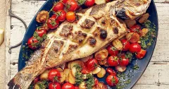 Whole Baked Sea Bass with Watercress Chili Salsa