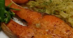 Dried Scallop Pasta with Baked Salmon and Sweet Potato