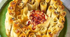 Crispy Filo Straws with Feta, Dates and Harissa Yogurt