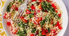 Giant Couscous Salad with Tomatoes and Zhoug Dressing