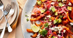 Black Bean Chili Sweet Potato Fries with Feta and Lime