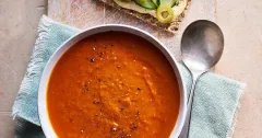 Creamy Tomato and Red Lentil Soup with Hummus Crispbreads