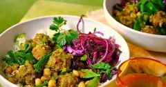 Yellow Coconut Meatball Curry with Chickpeas & Rice