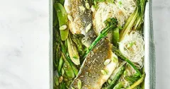 Sticky Soy Sea Bass Traybake with Greens and Rice Noodles