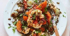 Slow-Roasted Squash with Garlic Lentils and Harissa Yogurt