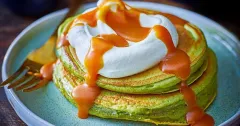Fluffy Matcha Pancakes with Miso Caramel Sauce