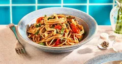 Wholemeal Spaghetti with Aubergine, Tomatoes, and Walnuts