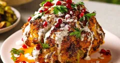 Smoky Whole Roasted Cauliflower with Lemon Yogurt Sauce