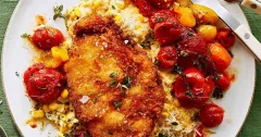 Chicken Schnitzel with Roast Tomatoes and Cheesy Creamed Corn