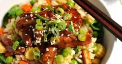 Sticky Honey Sriracha Chicken with Vegetable Fried Rice
