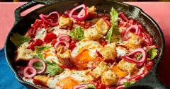 Spicy Bloody Mary Poached Eggs with Crunchy Croutons