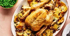 Whole Roast Chicken with Braised Root Vegetables & Peas