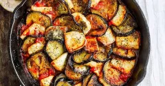 Aubergine and Halloumi Harissa Skillet Bake