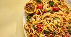 Prawn Pil Pil Linguine with Burst Tomatoes and Charred Lemon