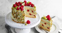 Pistachio and Raspberry Layer Cake with Mascarpone Cream