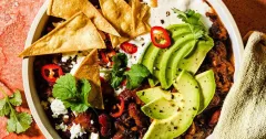 Hearty Beef and Three-Bean Chili with Tortilla Croutons
