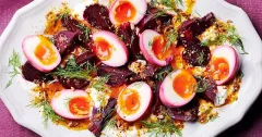 Pink Beetroot Eggs with Garlic Yogurt and Aleppo Butter