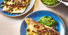 Pan-Seared Sea Bass with Kale Pesto and Sultana Salsa