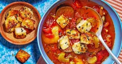 Mediterranean Roasted Vegetable Soup with Halloumi Croutons