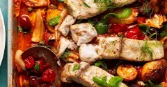 One-Pan Puttanesca Fish Tray Bake with Roasted Potatoes