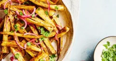 Air Fryer Chaat Masala Parsnips with Pickled Pink Onions