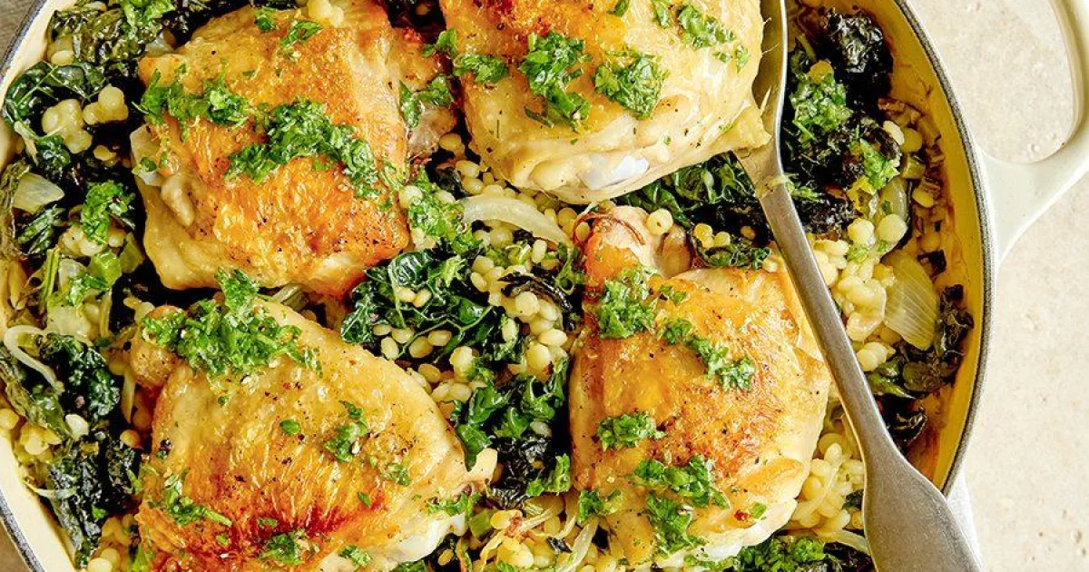 One-Pot Garlic Chicken Thighs with Giant Couscous