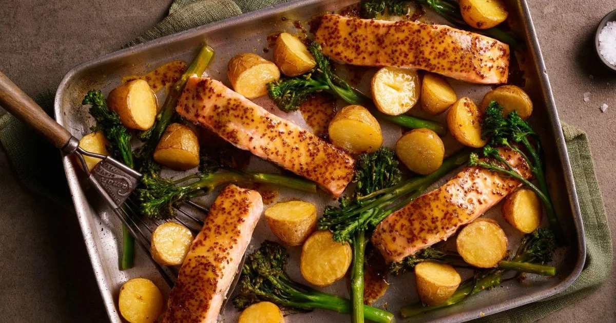 Honey Mustard Salmon & Potato Traybake with Broccoli