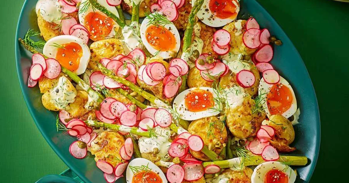 Crispy Smashed Potatoes with Asparagus and Jammy Eggs