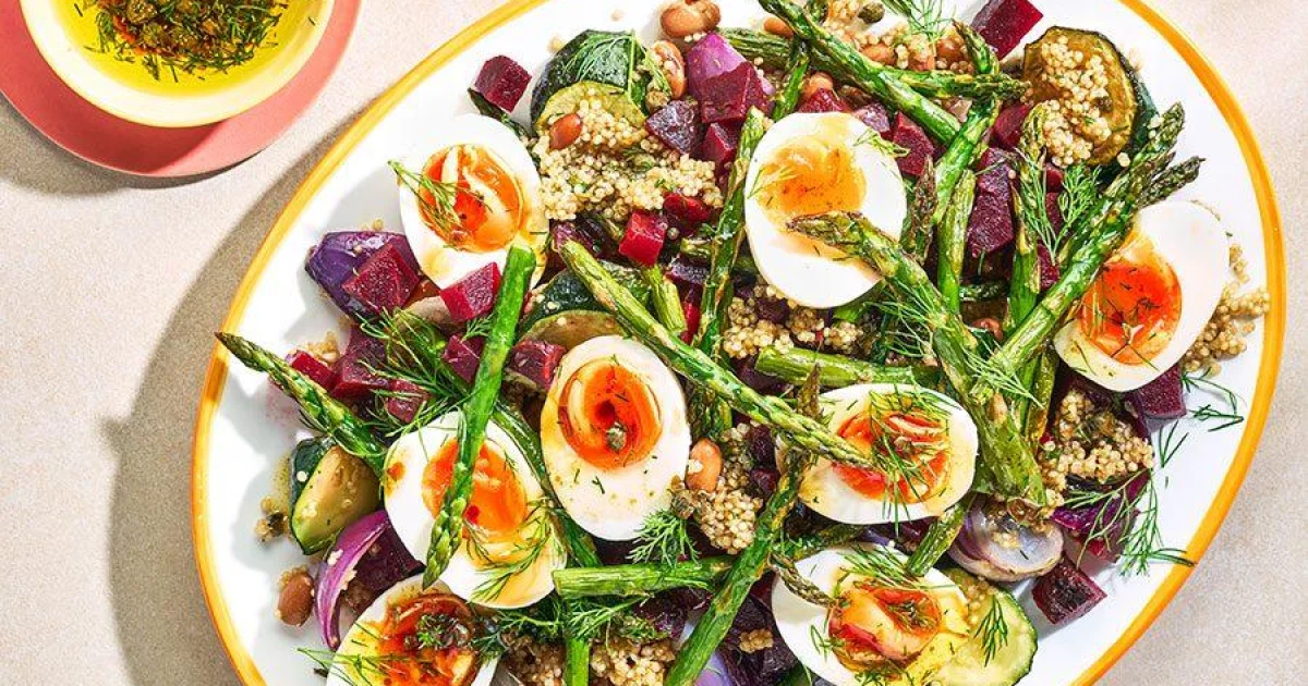 Roasted Asparagus and Quinoa Salad with Jammy Eggs