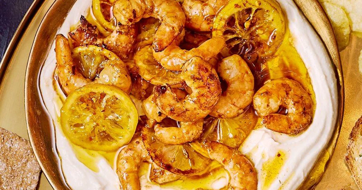Sticky Prawns with Caramelized Lemons and Tahini Yogurt